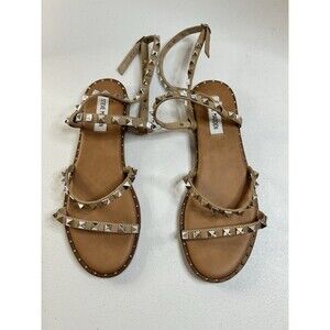 Steve Madden Travel Tan Studded Gladiator Sandals Silver Pyramid Studs Size 8.5